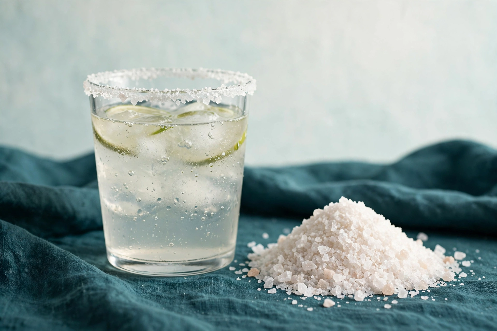 A high-sodium electrolyte drink with coarse salt beside the glass