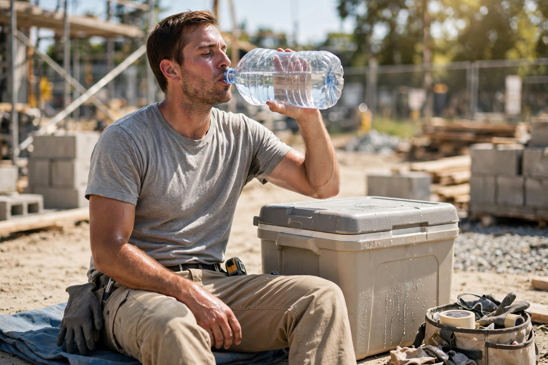 A worker drinking water on a hot work site