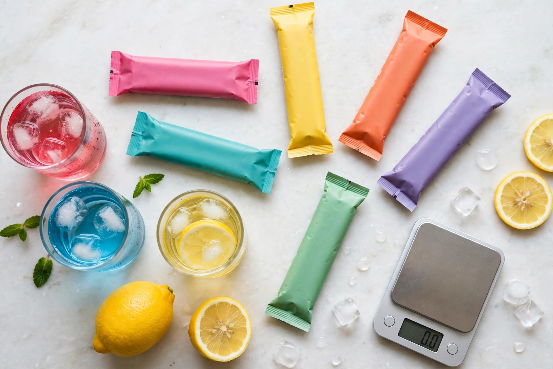 Electrolyte stick packs and glasses of mixed drinks on a counter