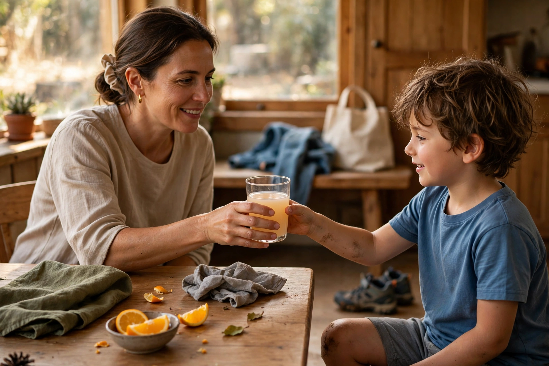 A parent handing a child a drink at the kitchen table
