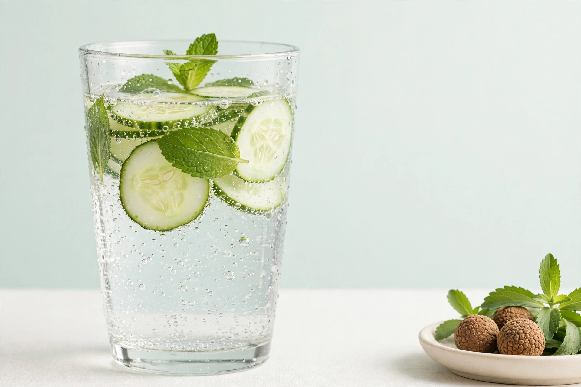 An unsweetened electrolyte drink beside stevia leaves set aside